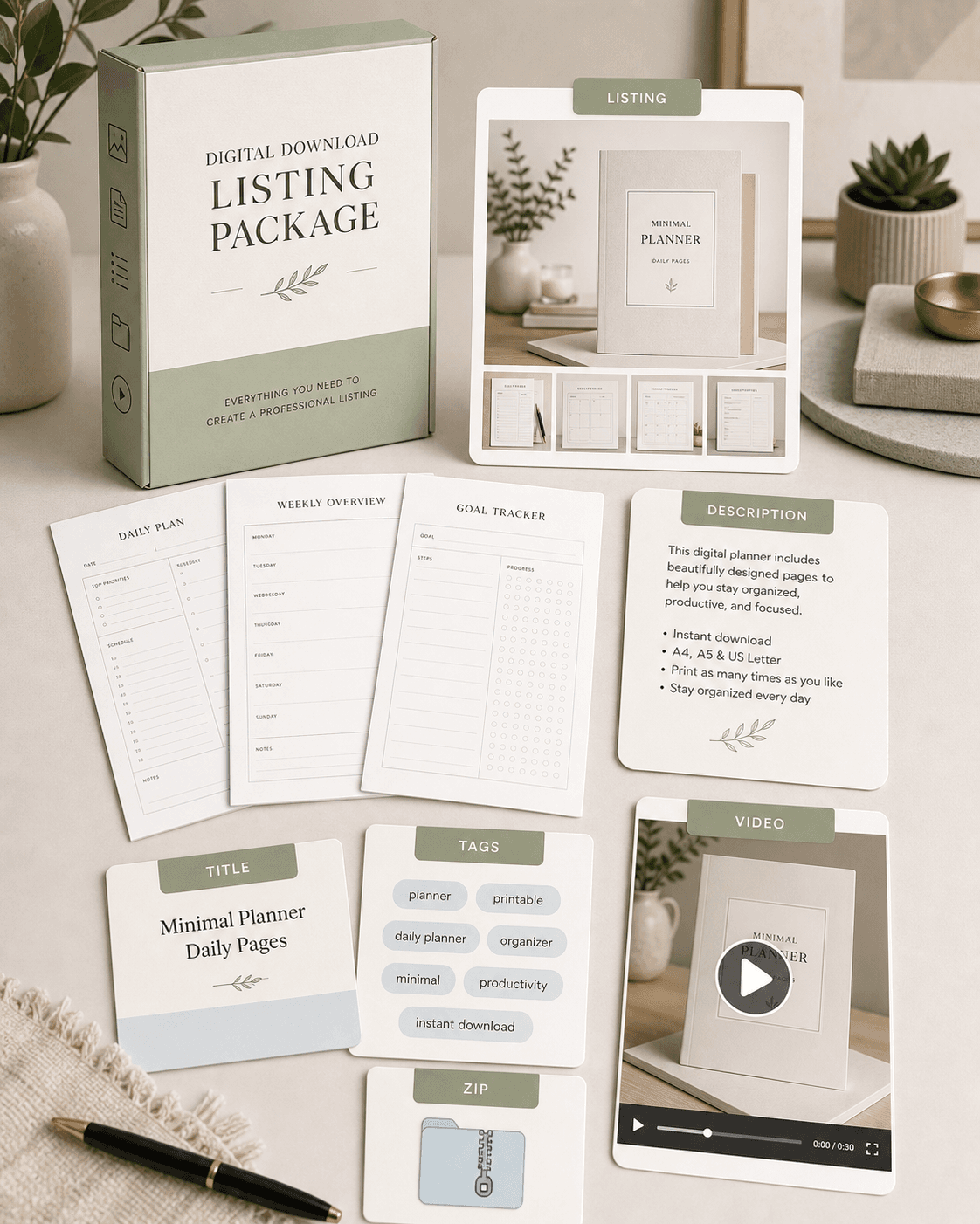Digital download listing package mockup with title, tags, ZIP, video, and printable files