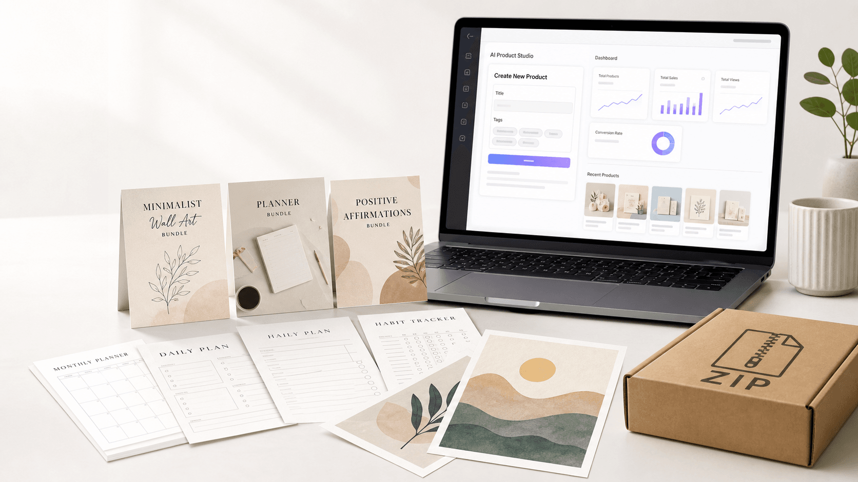 AI digital product generation workspace with printable bundles and listing draft cards