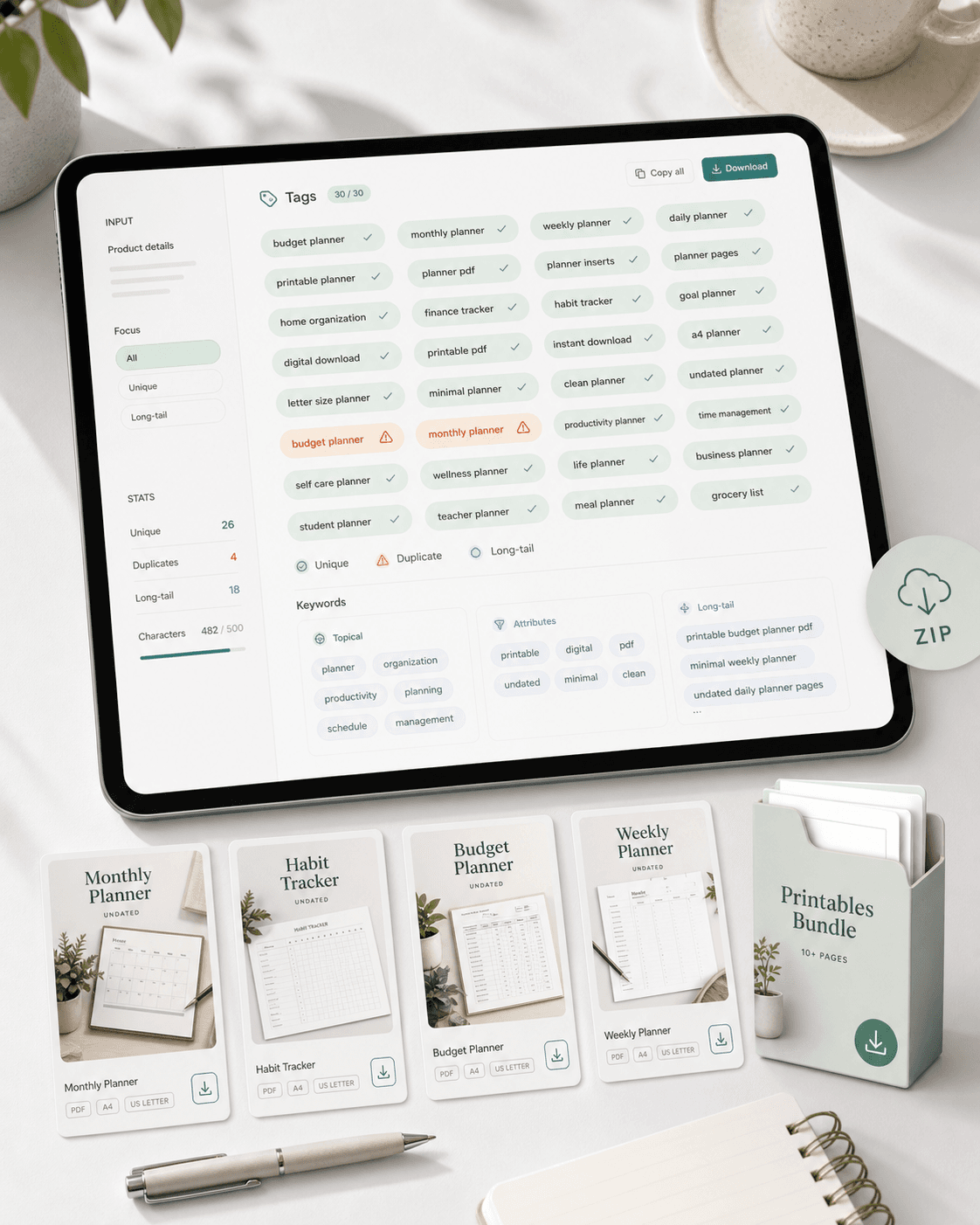 Marketplace listing tag draft mockup with keyword chips and product cards