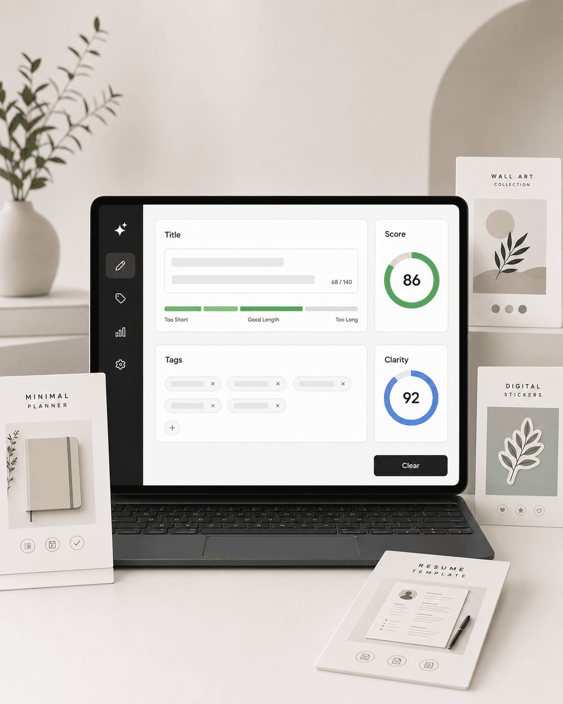 Listing title generator interface mockup with clarity scoring