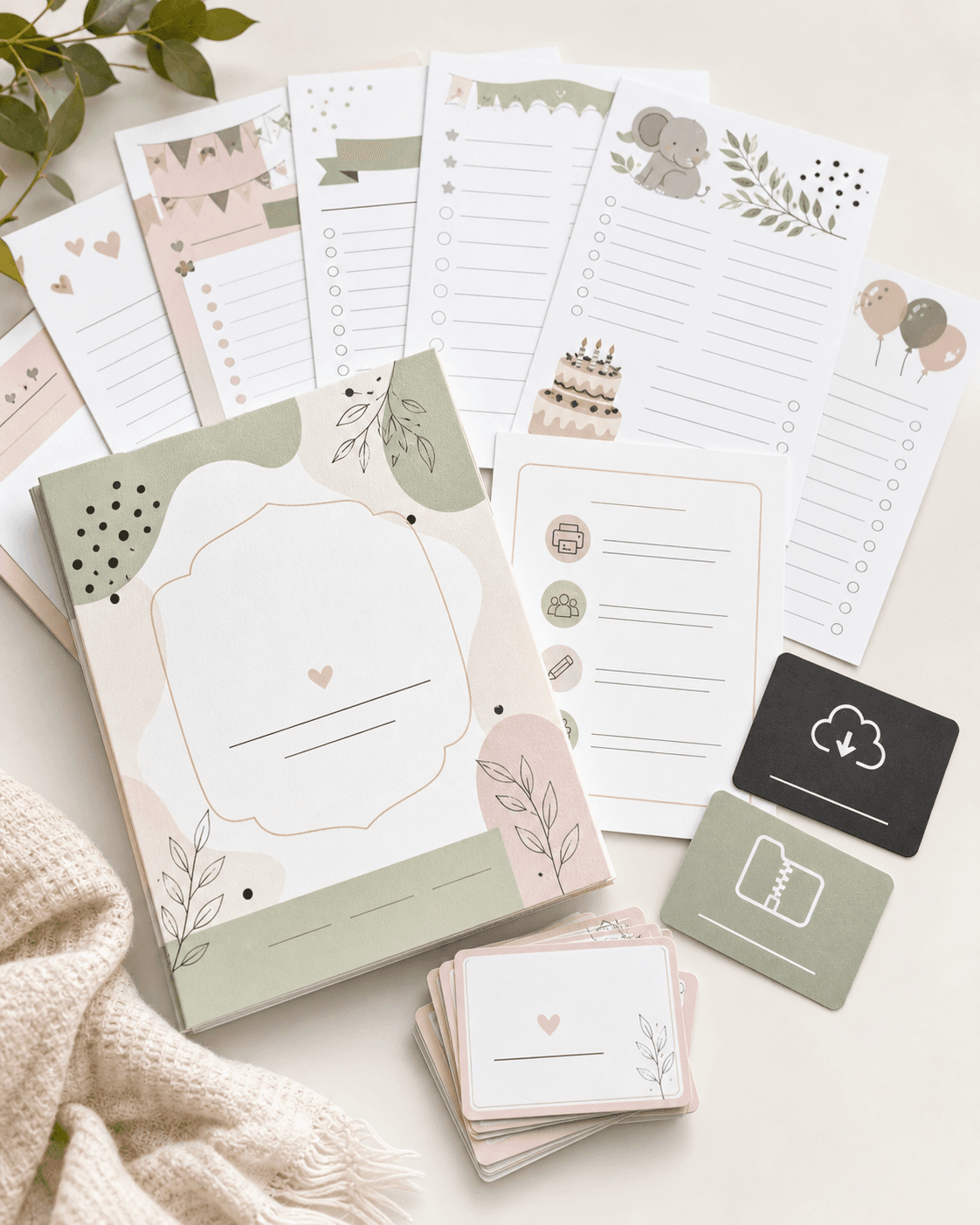 Printable party game bundle mockup with cover and game sheets